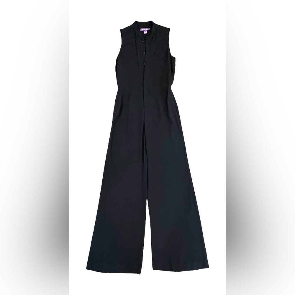 RALPH LAUREN Size 4 Black Crepe Sleeveless Band Collar Wide Leg Jumpsuit